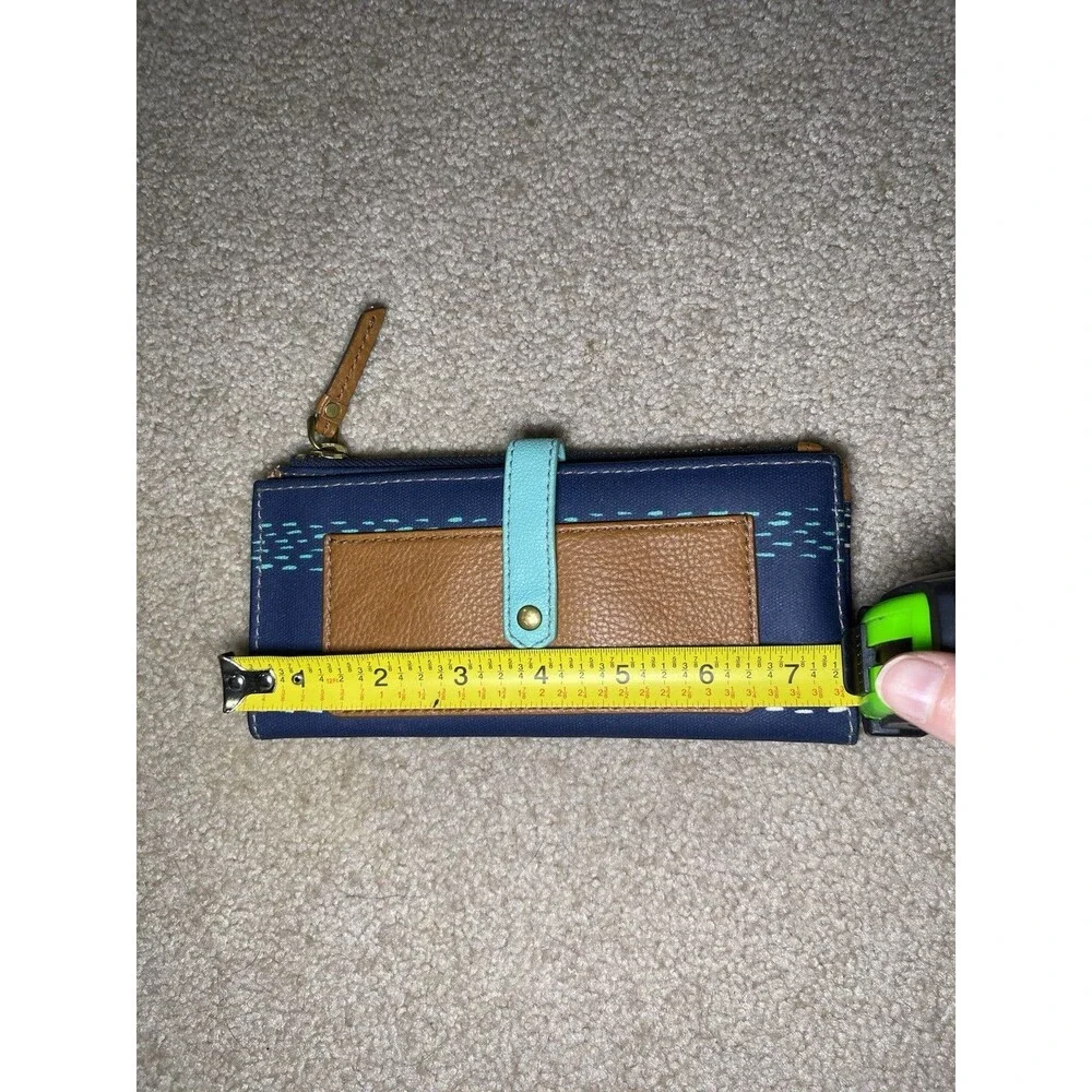 Fossil Logan Flap Clutch Navy Blue Teal Dash Canvas Leather